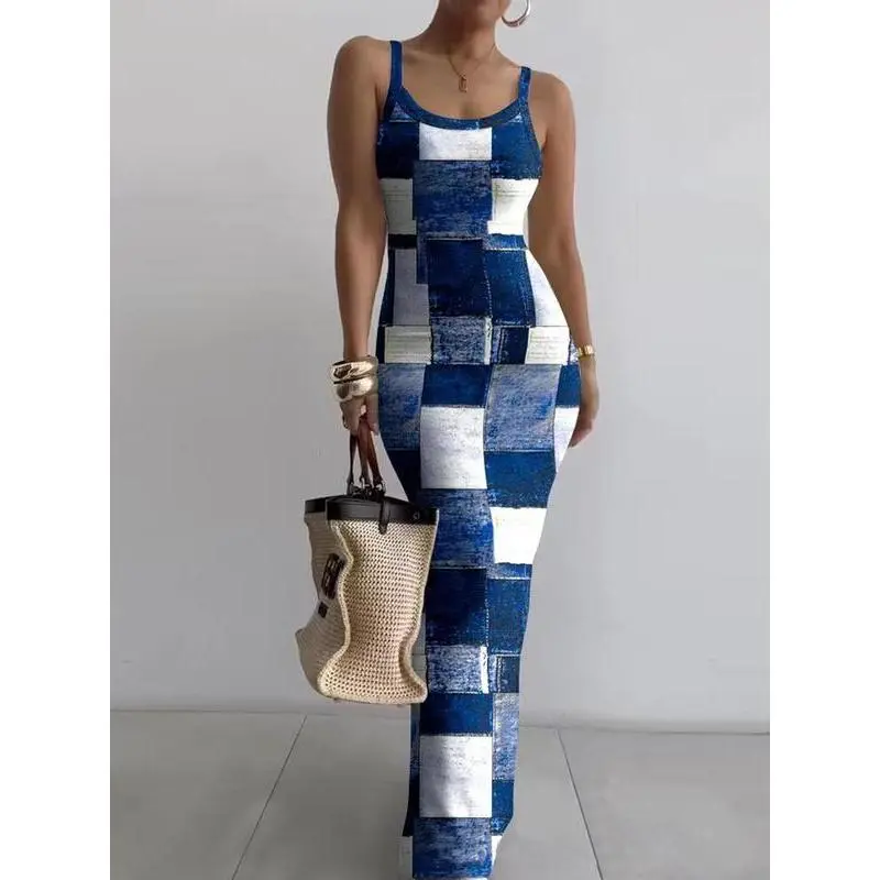 Women's Sleeveless Bodycon Maxi Dress – Printed Summer Beachwear