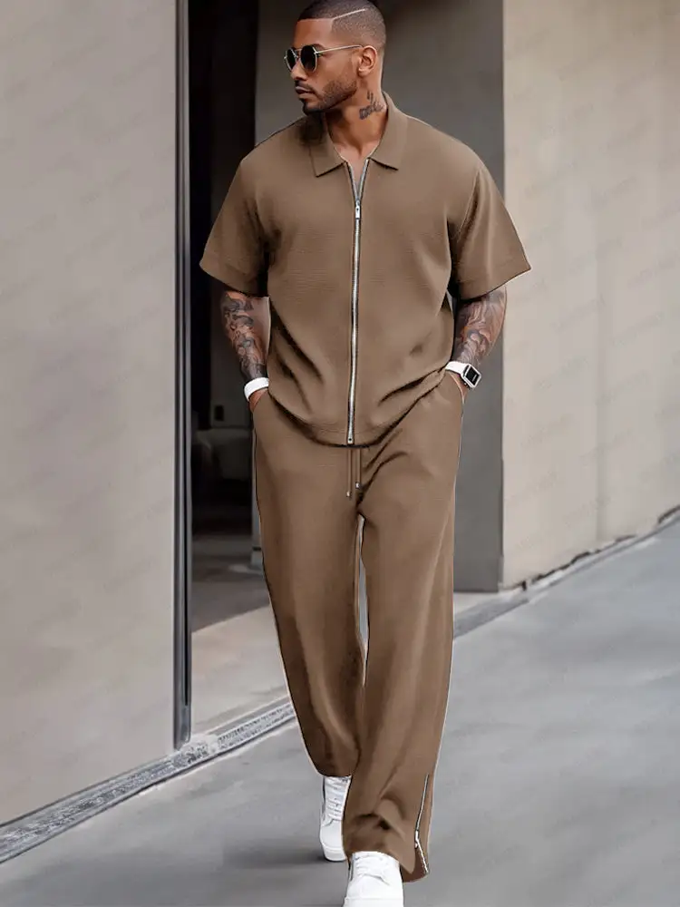 Simple Refined Zipper Design Shirt Set