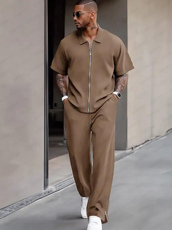 Simple Refined Zipper Design Shirt Set