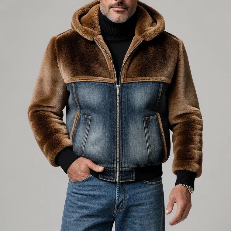 Men's Brown And Blue Denim Patchwork Artificial Shearling Long Sleeve Hooded Zip-Up Jacket