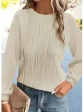 Women's Shirt Blouse Solid Color Basic Casual Long Sleeve Crew Neck Regular Tops Daily Patchwork Black White Beige Fall Winter