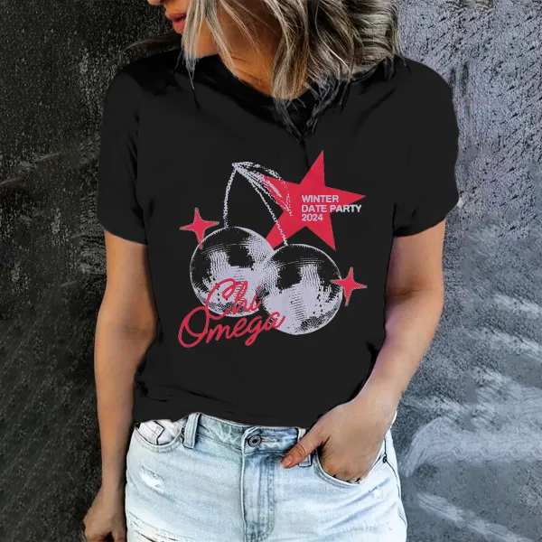 Retro Vintage Disco Ball Cherries Halftone Sparkles Star Script Winter Date Party Crew Neck T-shirt 02