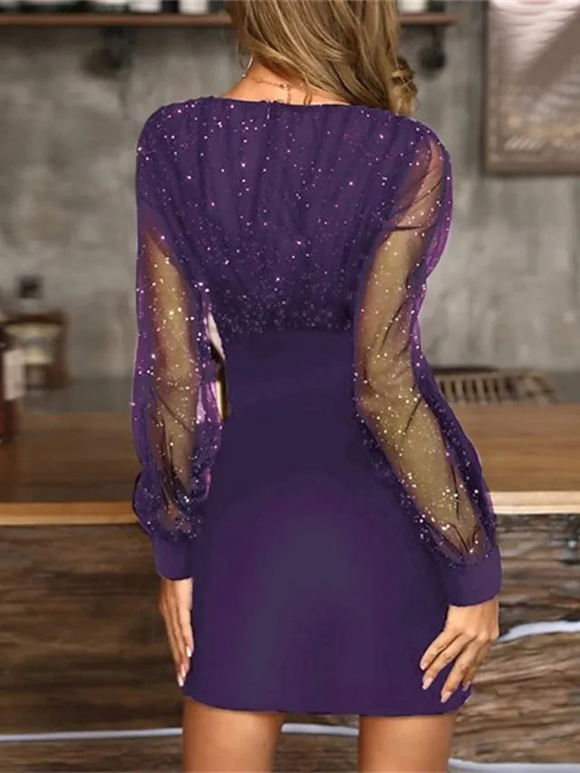 Women‘s Black Dress Wedding Guest Cocktail Dress Sexy V Neck Bodycon Patchwork Long Mesh Sleeve  Spring Summer
