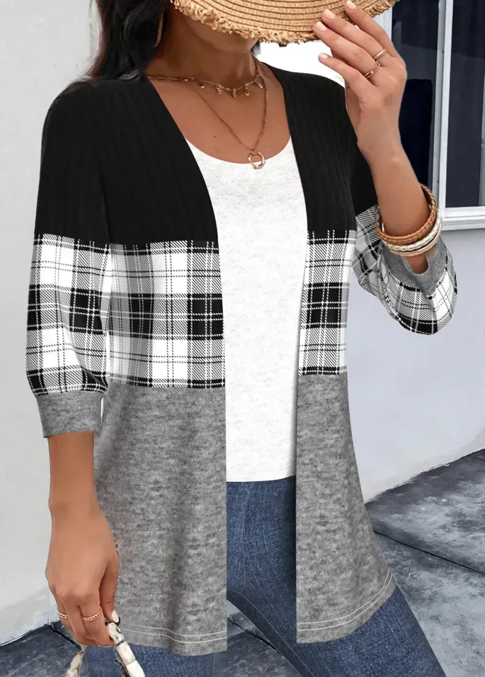 Black Patchwork Plaid 3/4 Sleeve Round Neck Light Cardigan