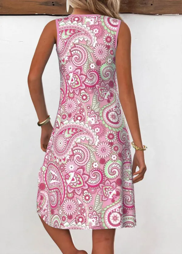 Pink Eyelet Tribal Print A Line Sleeveless Dress