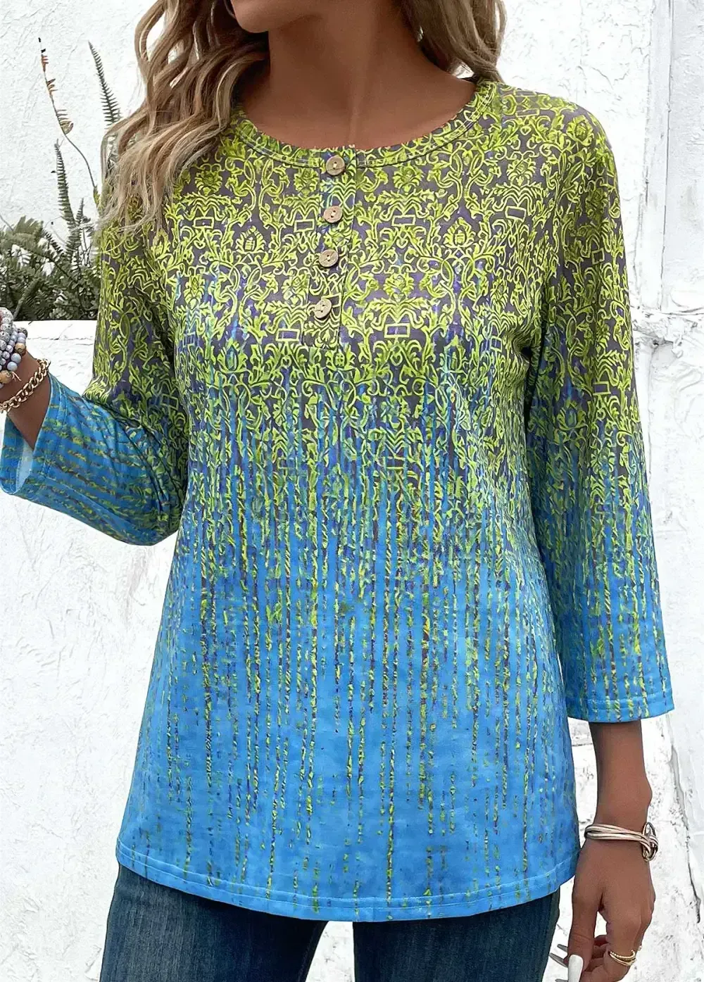 Blue Button Ombre 3/4 Sleeve Round Neck T Shirt