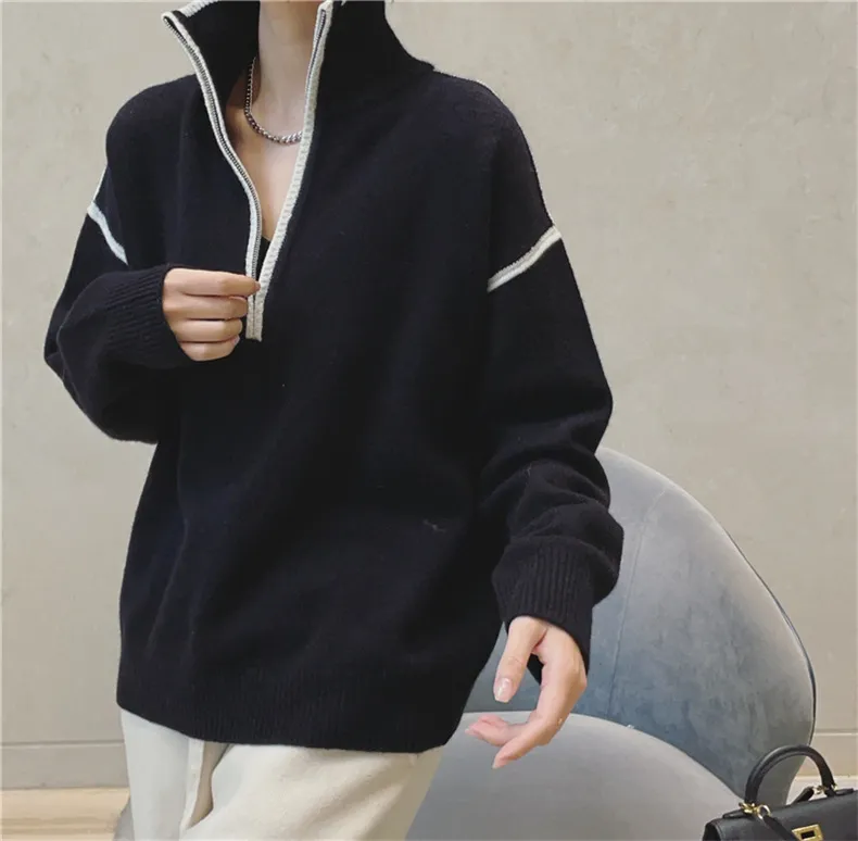 Stand Collar Zip Colorblock Loose Fashion Sweater