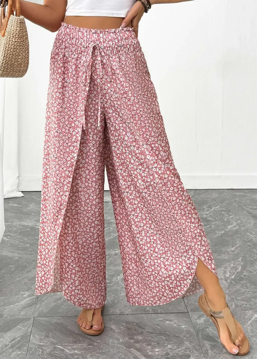 Pink Ditsy Floral Print Wide Leg Elastic Waist Pants