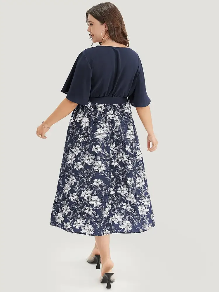 Floral Patchwork Pocket Belt Surplice Neck Ruffle Hem Dress