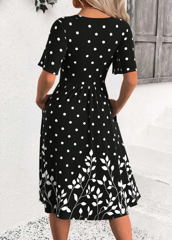 Black Polka Dot Half Sleeve Round Neck Dress