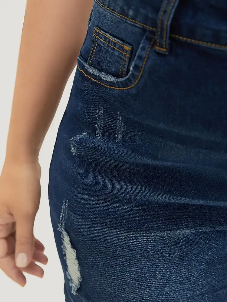 Moderately Stretchy High Rise Dark Wash Distressed Denim Shorts