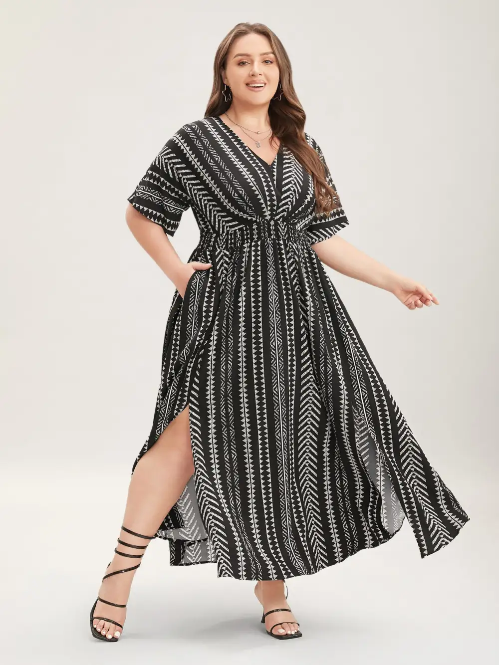 Solid Geometric Dolman Sleeve Pocket Shirred Split Hem Dress