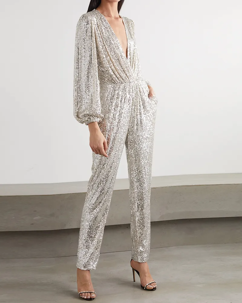 Puff sleeves V-neck shiny jumpsuit