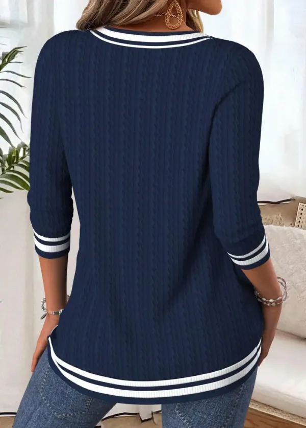 Navy Tummy Coverage Long Sleeve V Neck T Shirt