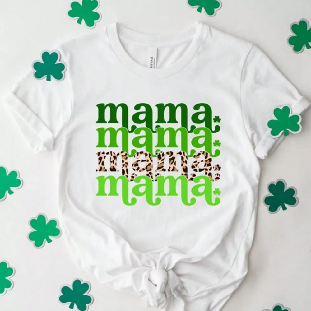 Lucky St. Patrick'S Day Mama Printed Round Neck Short Sleeve T-Shirt