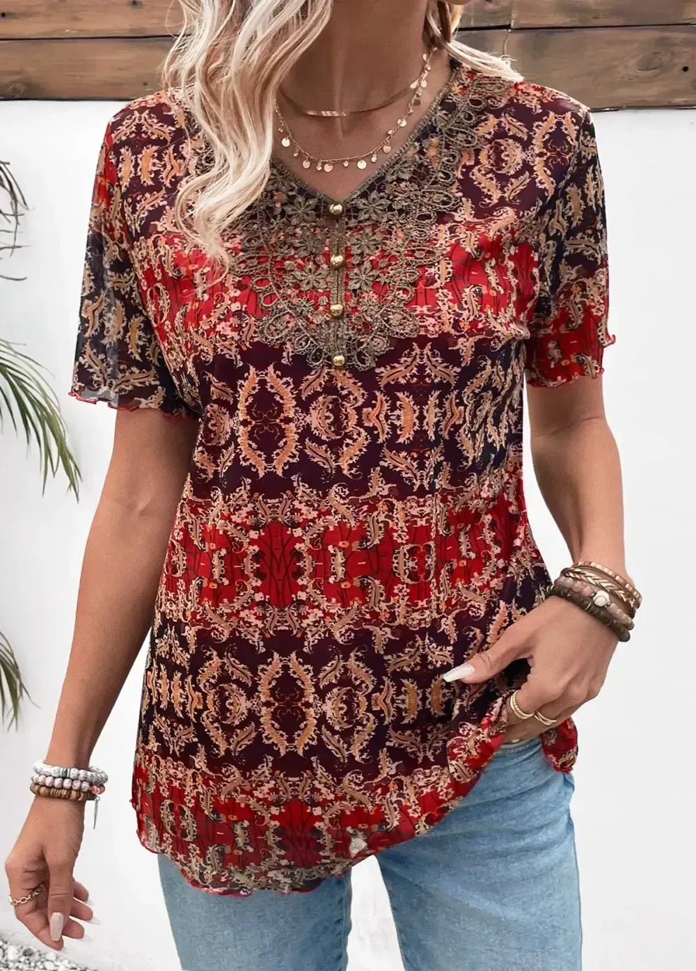 Multi Color Button Tribal Print Short Sleeve Blouse
