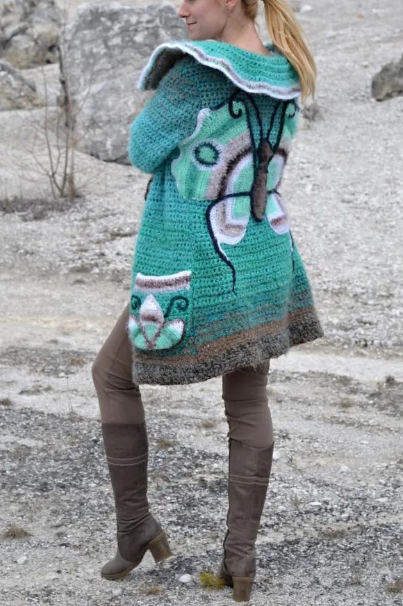 Women Long Sleeve Butterfly Plus Size Outwear - Green