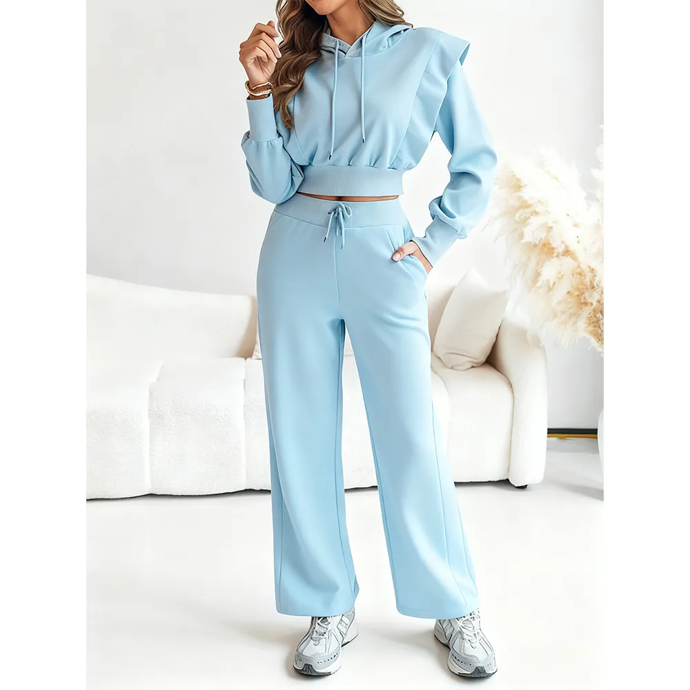 Hooded Long Sleeve Sweatshirt and Casual Wide Leg Sweatpants Set