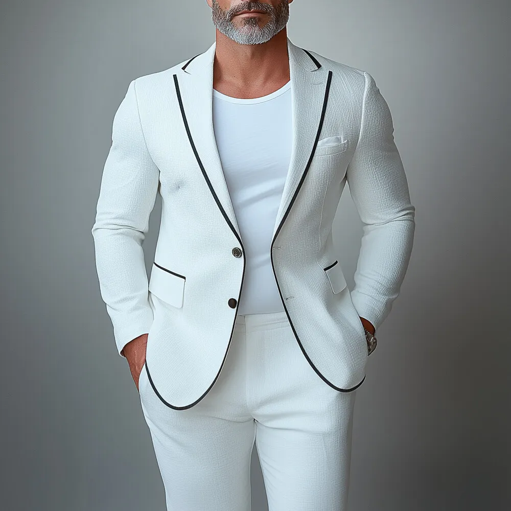 Men's Lapel Collar Two Button Long Sleeve Contrast Binding Blazer