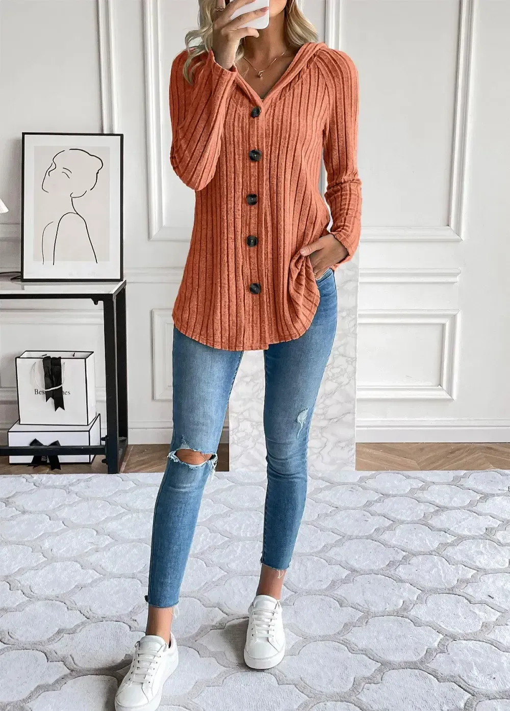 Orange Button Long Sleeve Hooded Coat