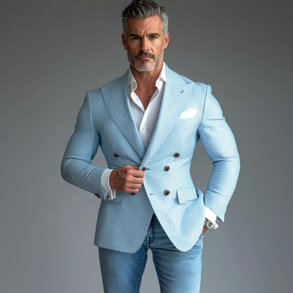 Men's Peak Lapel Double Breasted Chest Pocket Houndstooth Pattern Blazer