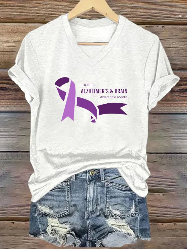 Women's I Will Remember For You Dementia Alzheimer's Disease Awareness Printed V-Neck T-Shirt