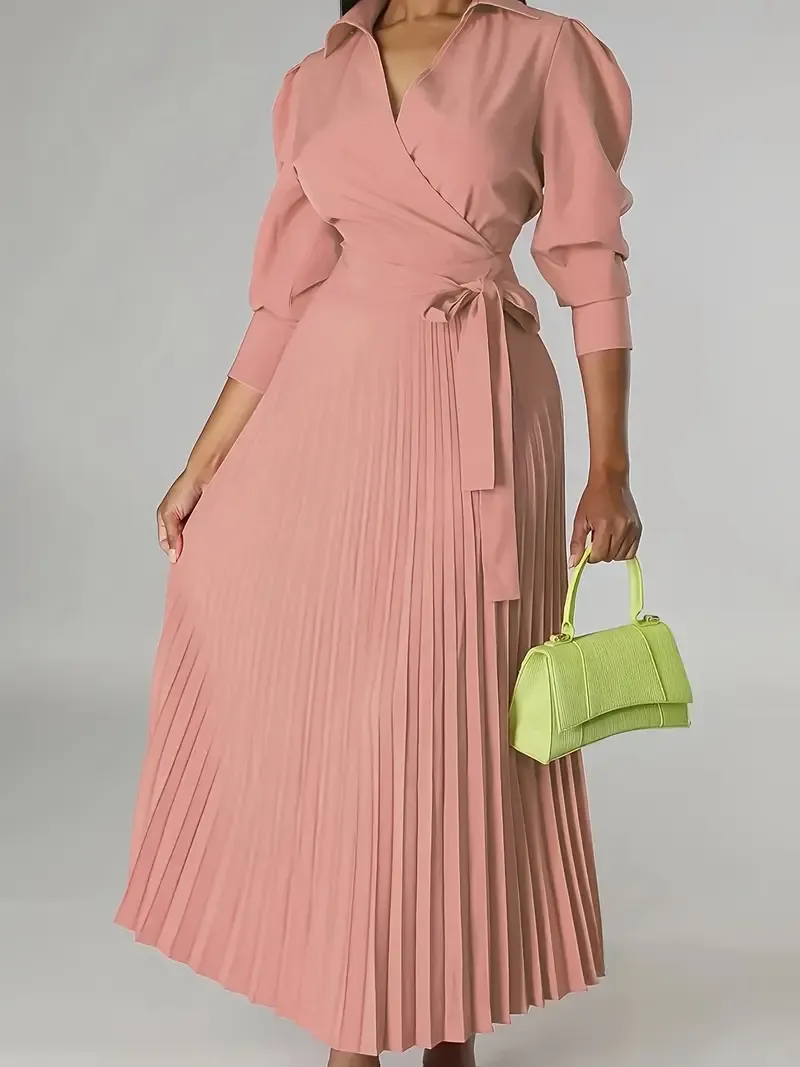 Elegant 3/4 Sleeve Solid Pleated Dress