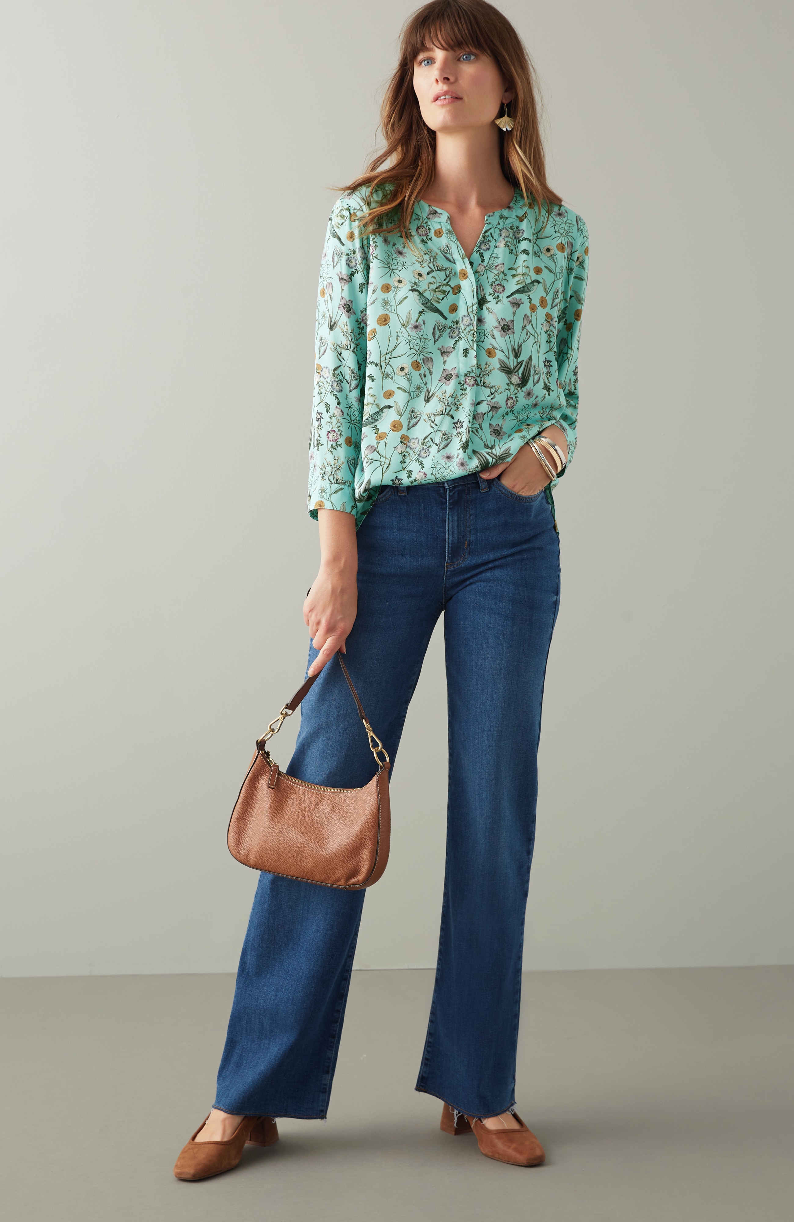 Botanical Birds Printed Satin Top
