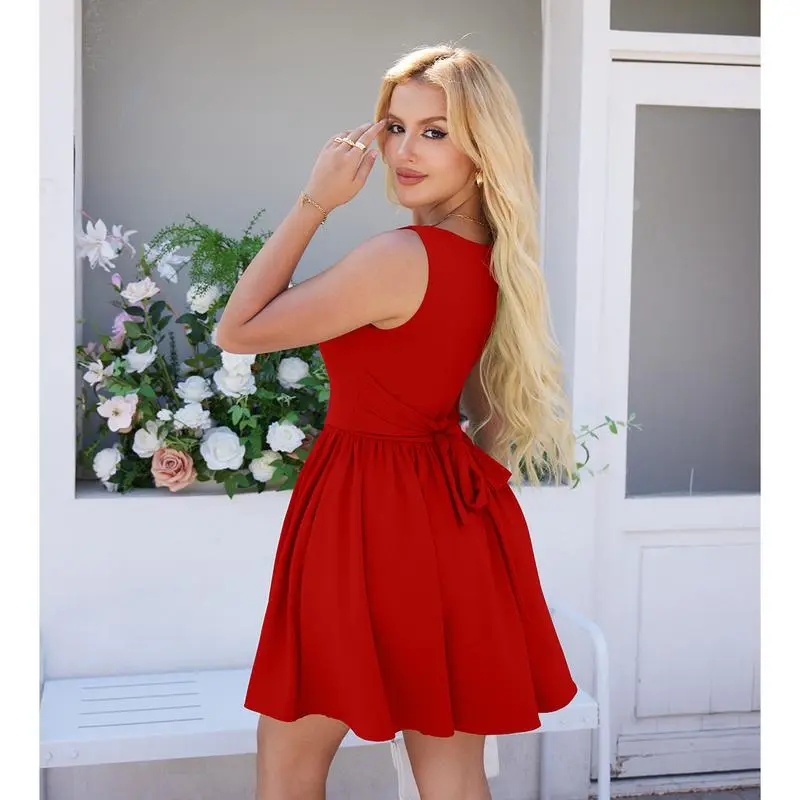 Women's Summer Sleeveless Square Neck A-line Ruffle Hem Mini Tank Dress With Pockets