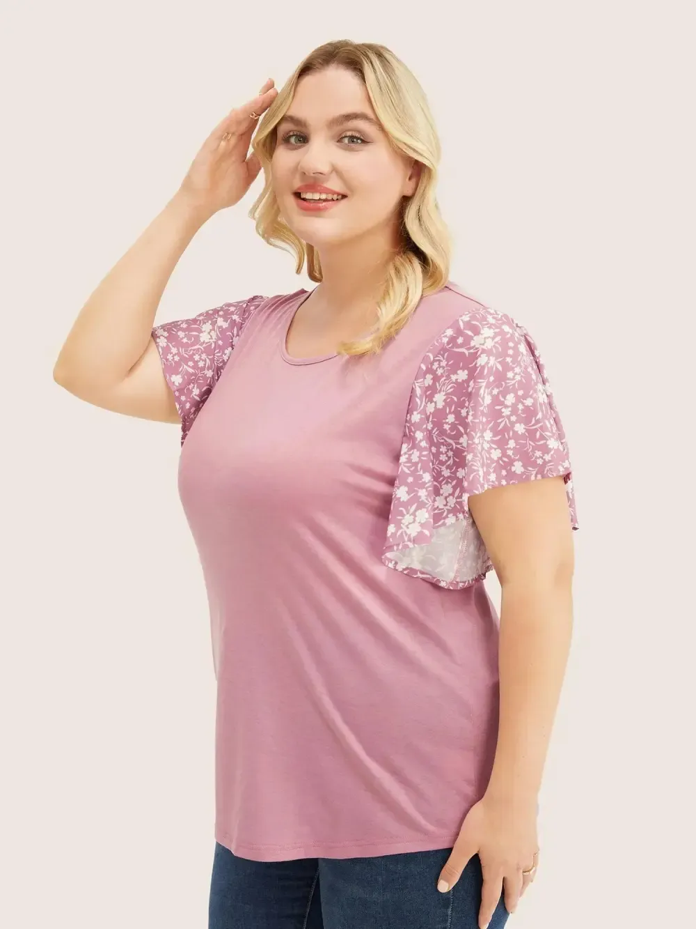 Ditsy Floral Ruffle Sleeve Round Neck T-shirt