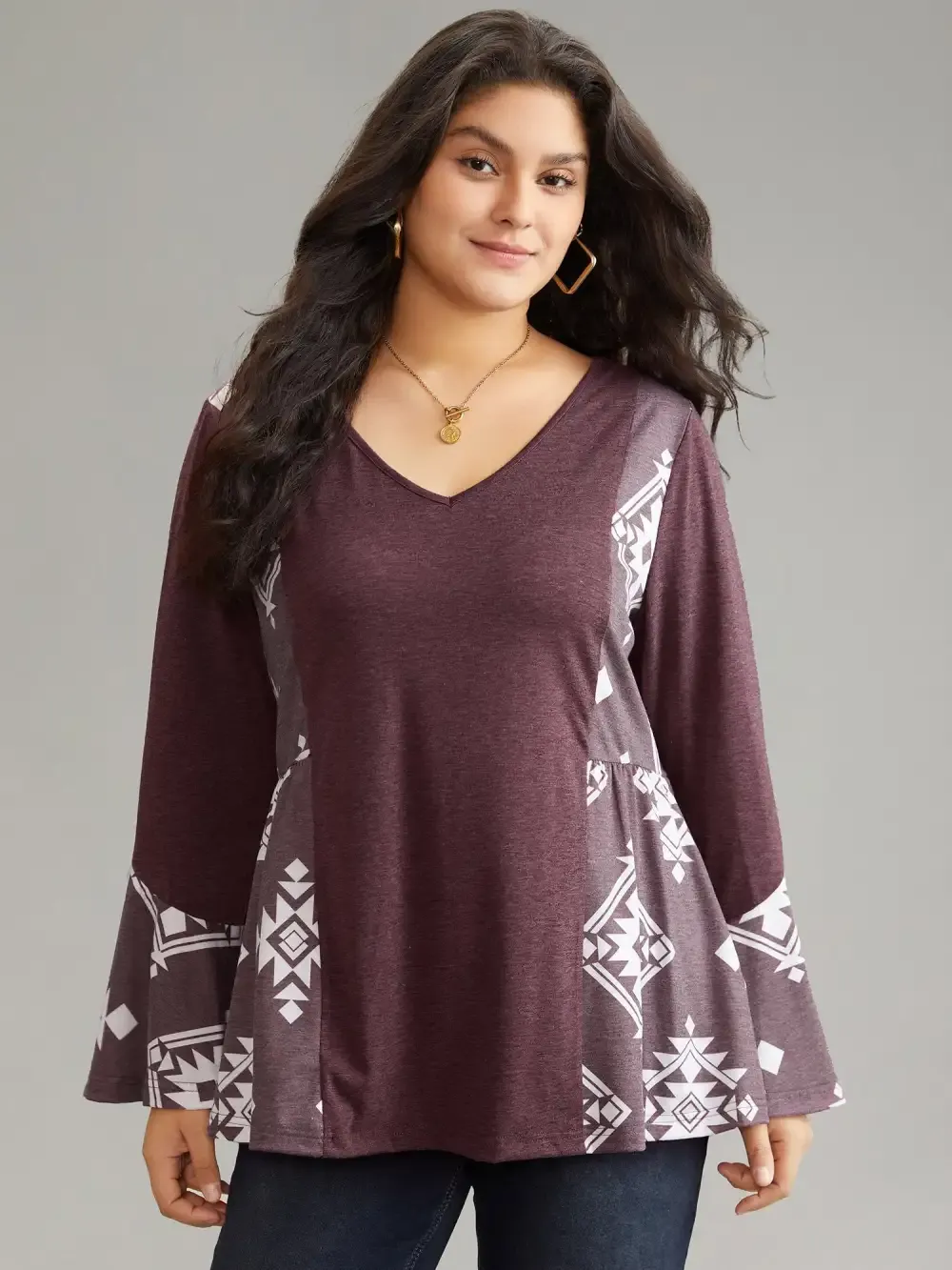 Floral Print Bell Sleeve V Neck T-Shirt