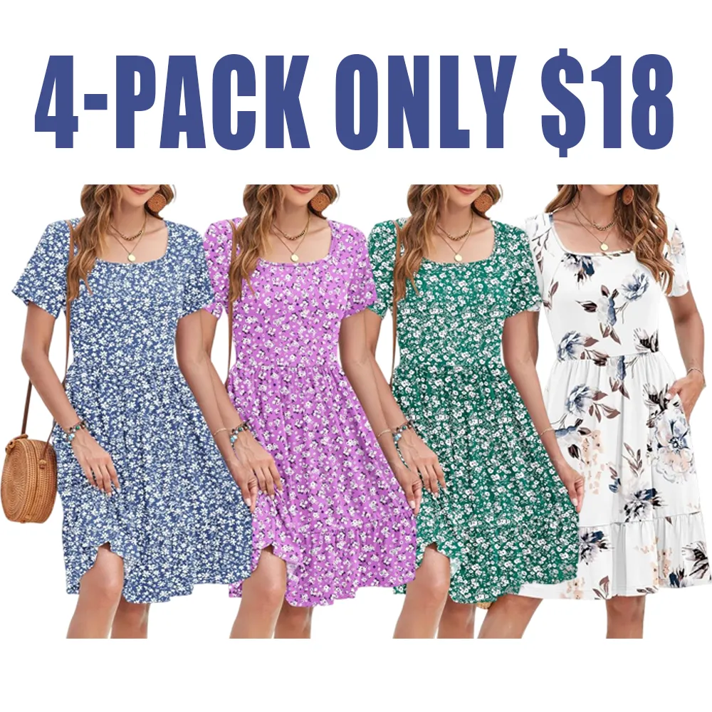 Women’s Ditsy Floral Square Neck A-Line Sundress with Pockets – Short Sleeve, Ruffle Hem