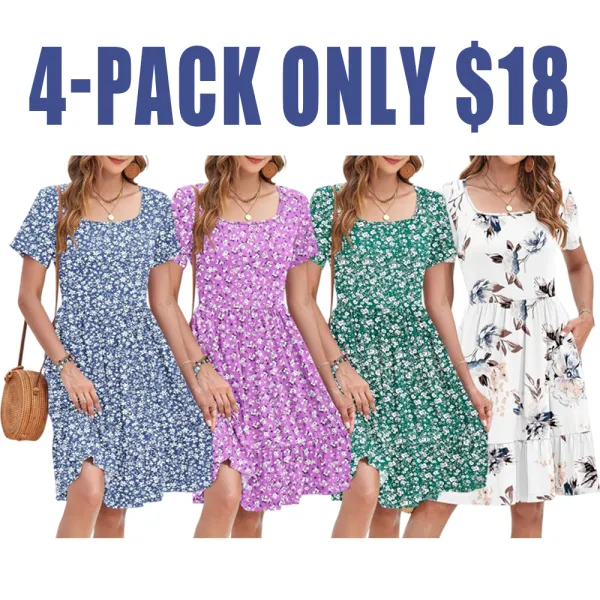 Women’s Ditsy Floral Square Neck A-Line Sundress with Pockets – Short Sleeve, Ruffle Hem