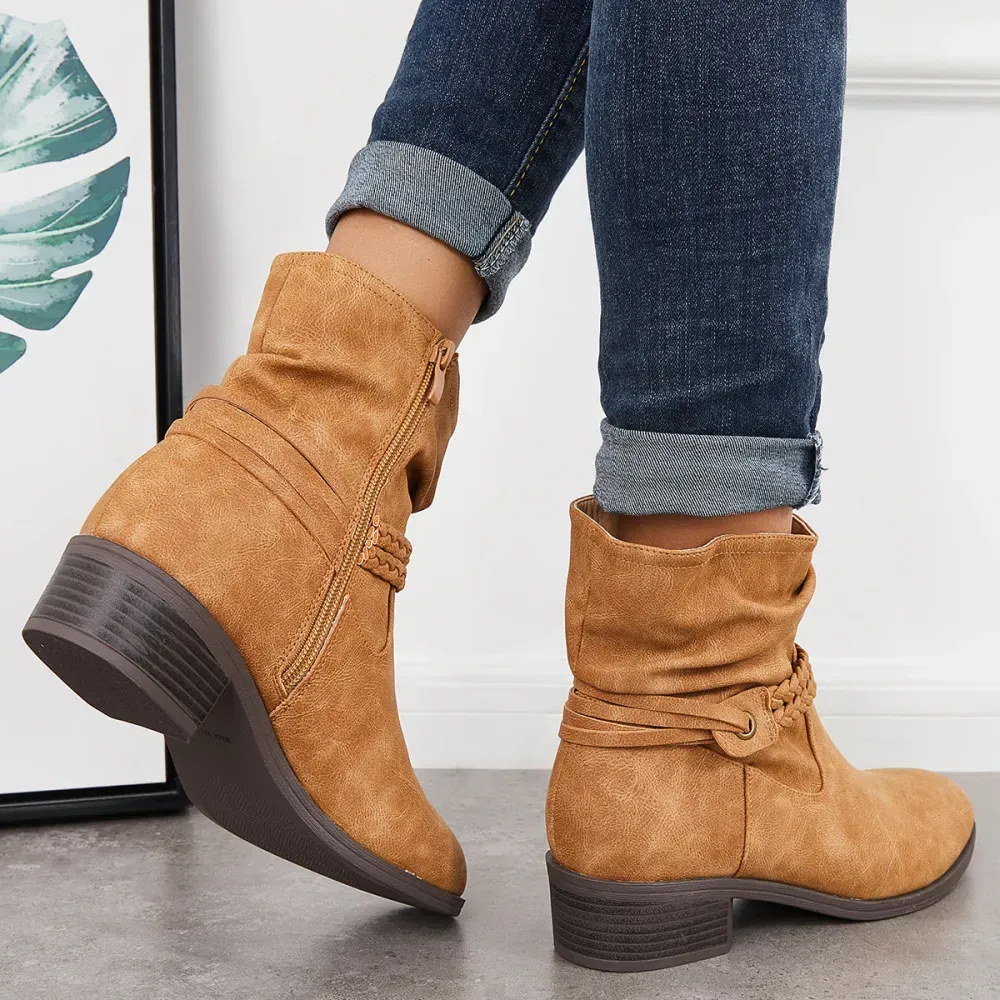 Slouchy Ankle Boots Braided Strap Chunky Block Heel Booties