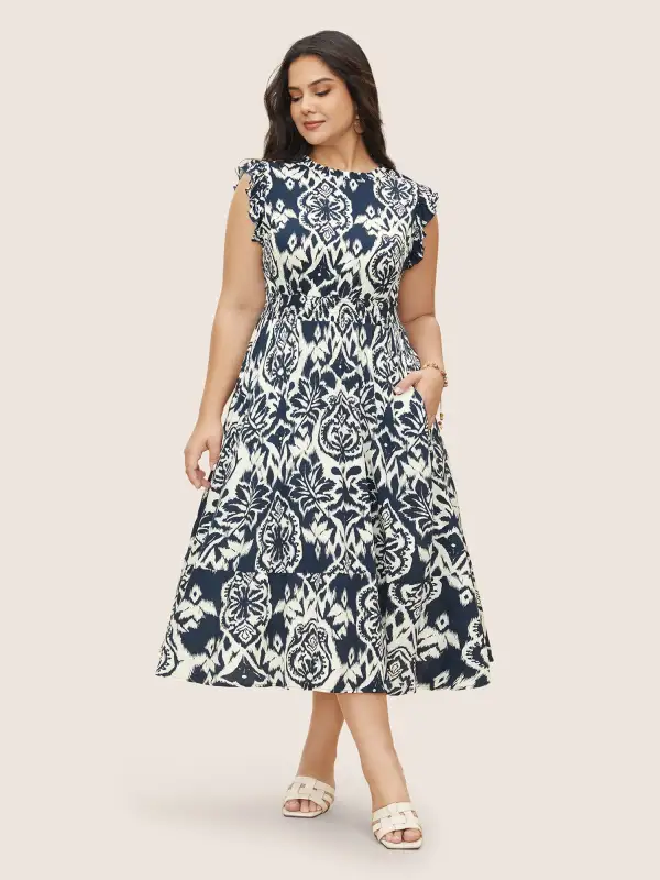 Boho Print Mock Neck Shirred Ruffle Cap Sleeve Dress