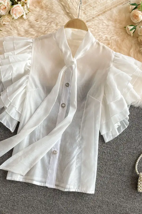  Pussy Bow Feminine Ruffle Sleeve Blouse
