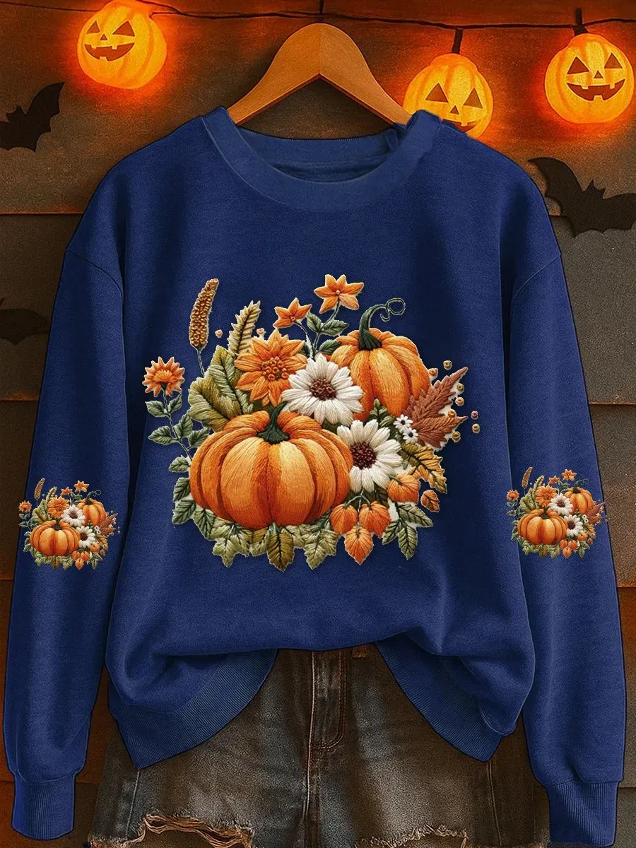 Women's Pumpkin Floral Print Casual Sweatshirt
