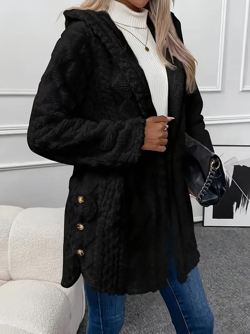 Luxurious Faux Fur Teddy Coat - Elegant Long Sleeve Split Side Hooded Outwear for Women - Soft, Warm, and Chic Winter Clothing