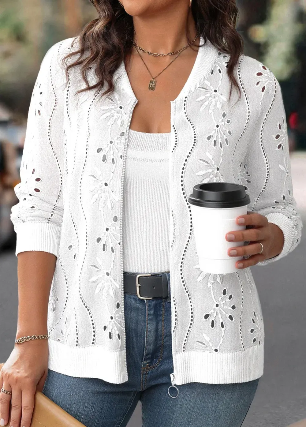 White Jacquard Long Sleeve Stand Collar Track Jacket