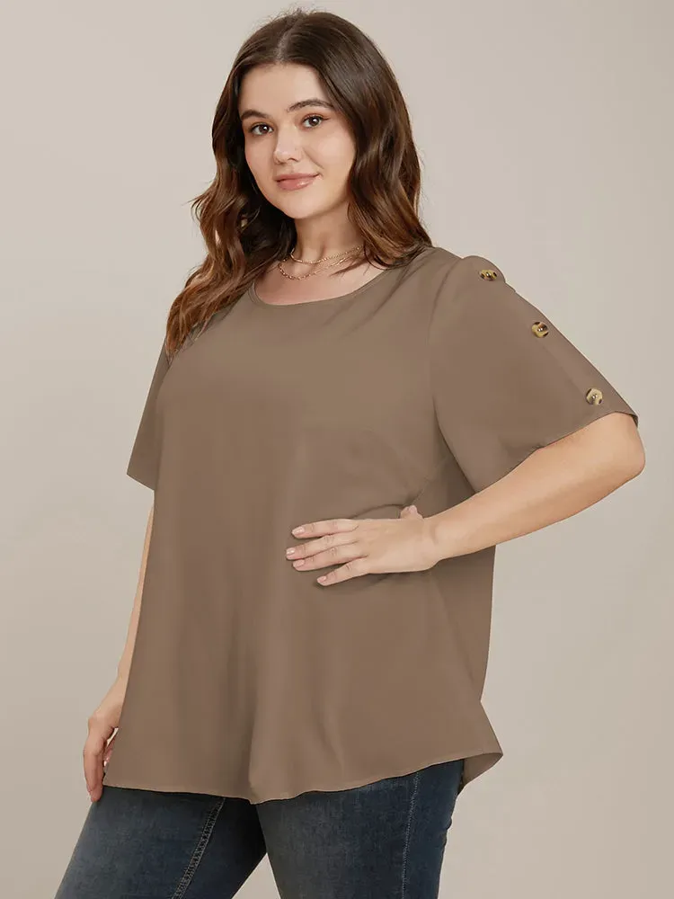 Plain Round Neck Button Detail Blouse
