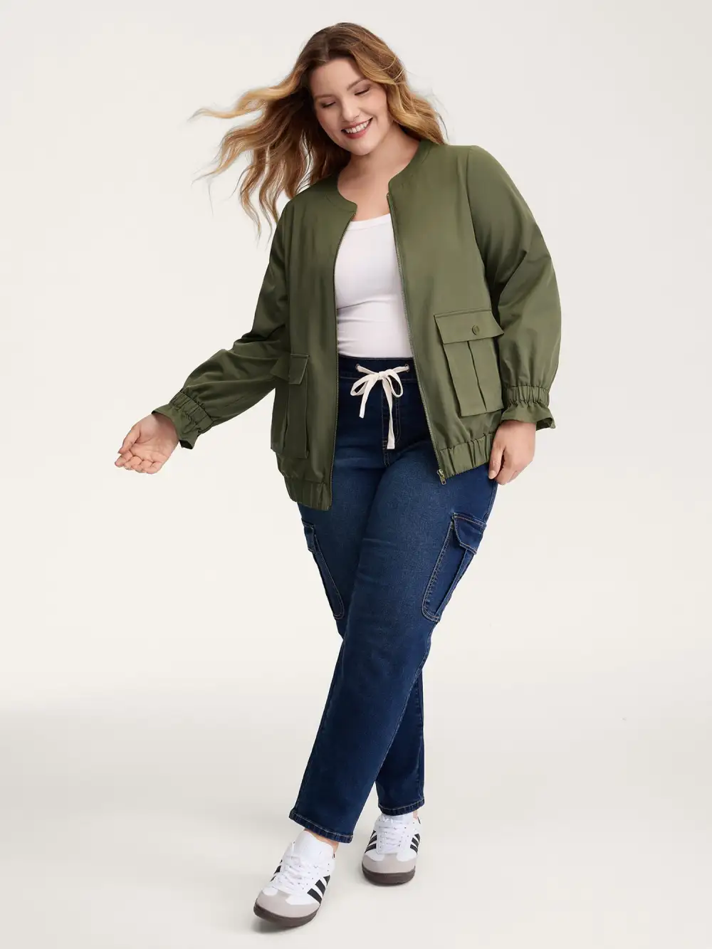 Lined Pockets Shirred Cuffs Zipper Jacket