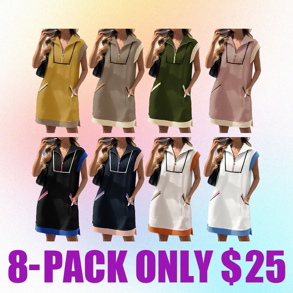 Women's Summer Sleeveless Mini Dress Casual Half Zip Cap Sleeve Contrast Loose Sweatshirt Dresses
