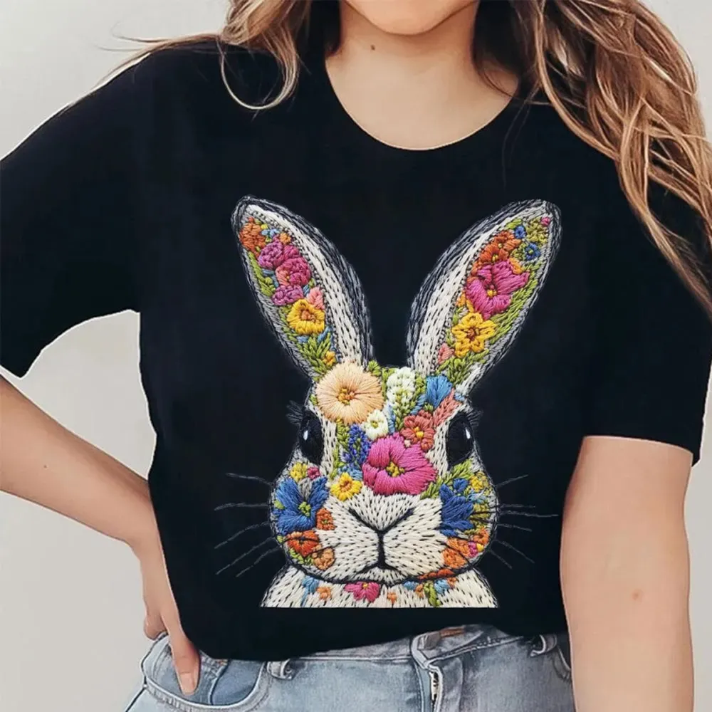 Easter Floral Bunny Printed Round Neck Short Sleeve T-Shirt