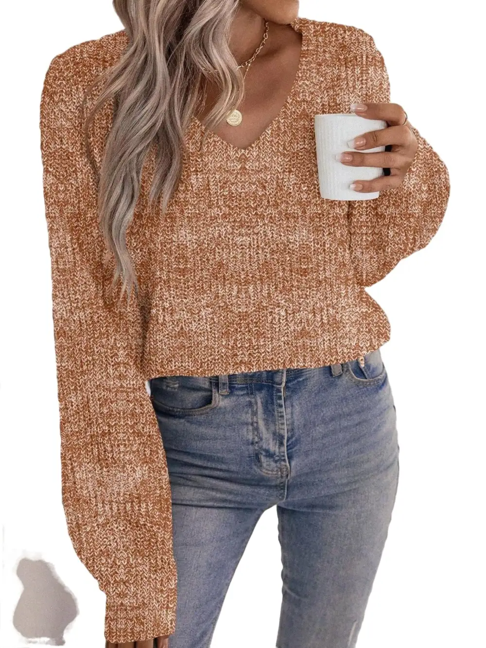 Casual Plain V neck Pullovers Long Sleeve Brown Women Sweaters (Women's)