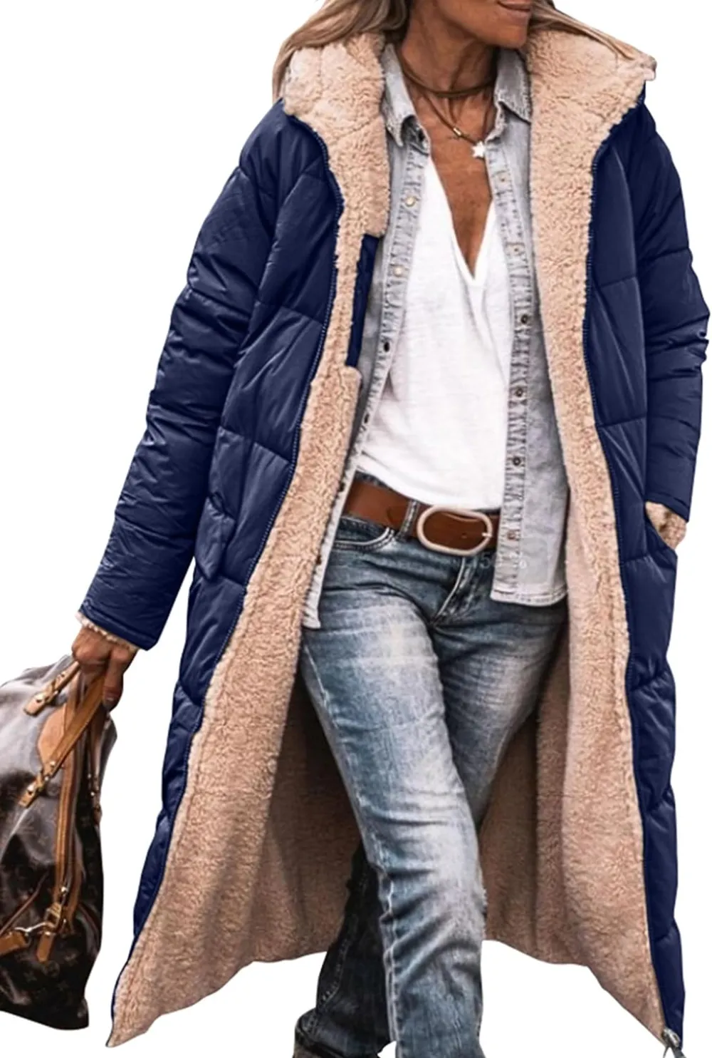 Women's Warm Winter Coats Reversible Sherpa Fleece Long Hooded Puffer Jackets Outerwear