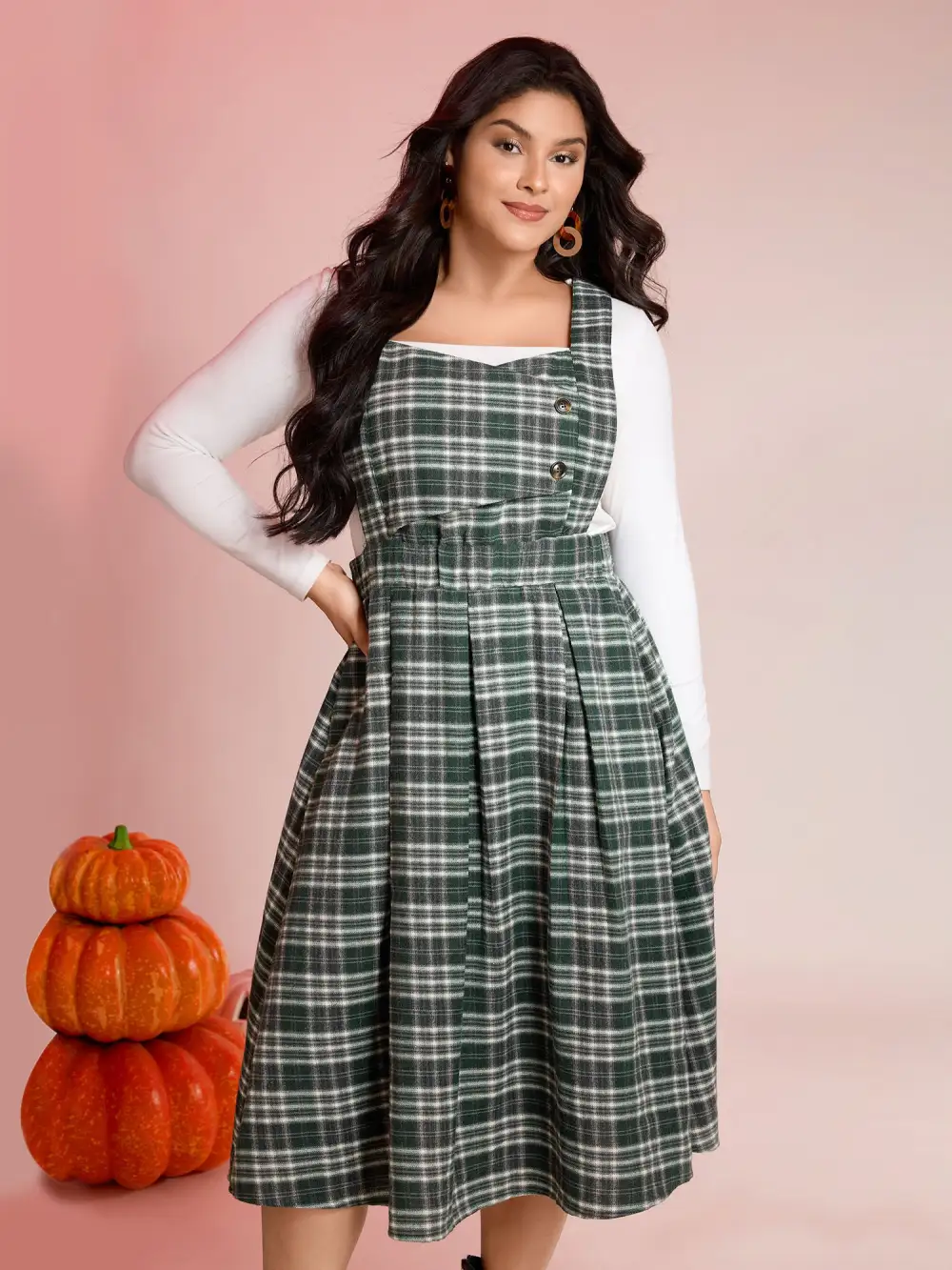 Plaid Pleated Suspender Skirt Adjustable Midi Dress