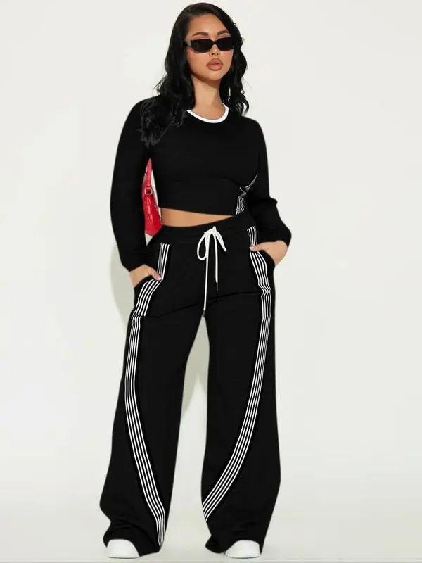 Women’s 2-Piece Activewear Set – Long Sleeve Top & Side Stripe Pants