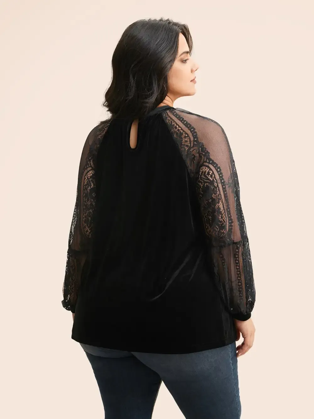 Lace Patchwork Velvet Raglan Sleeve Blouse