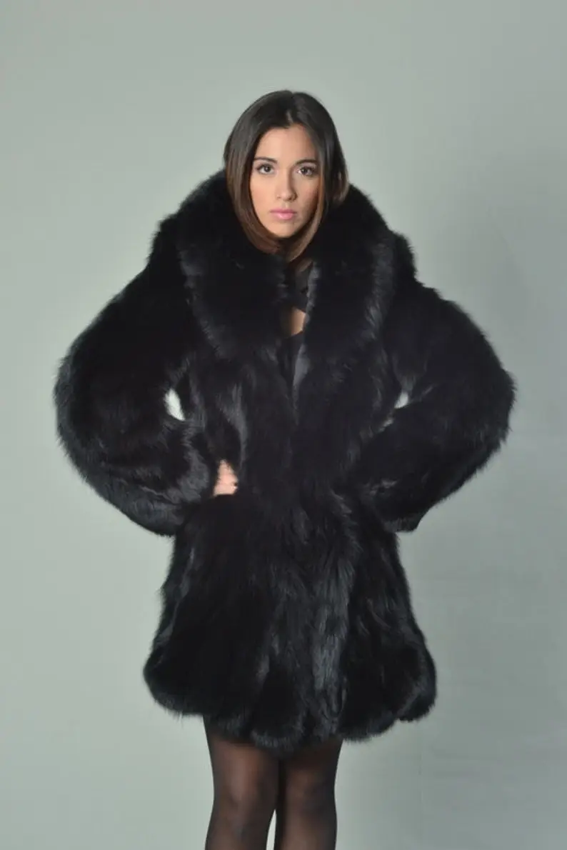 Black Fox Fur Knee Length Jacket