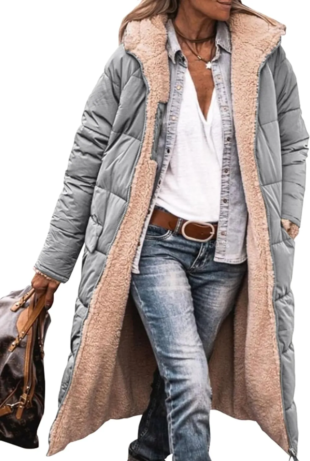 Women's Warm Winter Coats Reversible Sherpa Fleece Long Hooded Puffer Jackets Outerwear